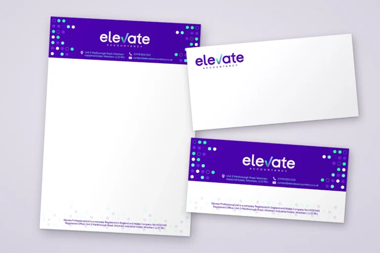 Elevate Accountancy branded letterhead with a matching envelope and compliment slip