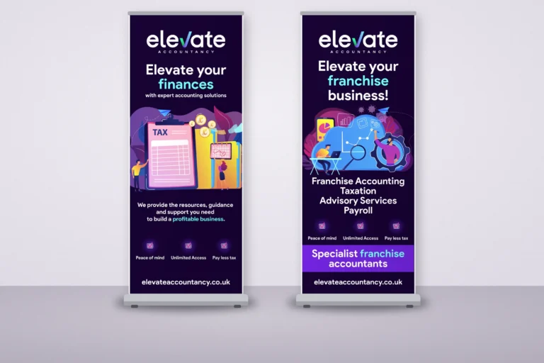 Two Elevate Accountancy roller banners, general and franchise, standing in a bright studio space