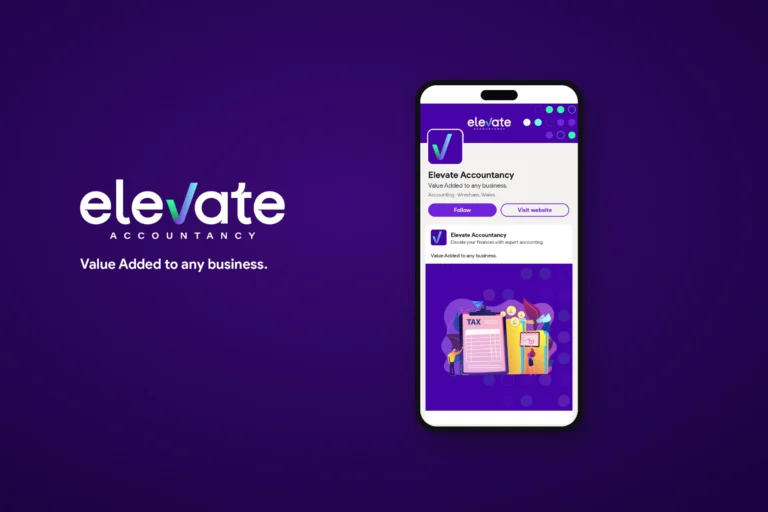 Elevate Accountancy social media profile and post shown on a smartphone against deep purple